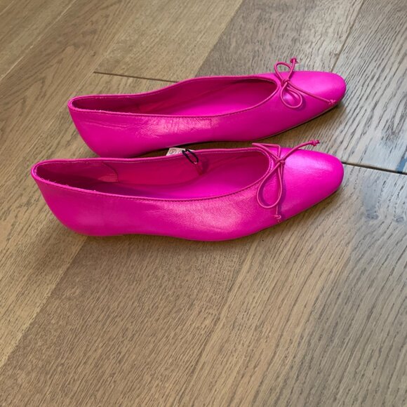 Zara Bow Trim Leather Pink Ballet Flats Fuchsia Barbiecore Size 37 - Picture 7 of 11